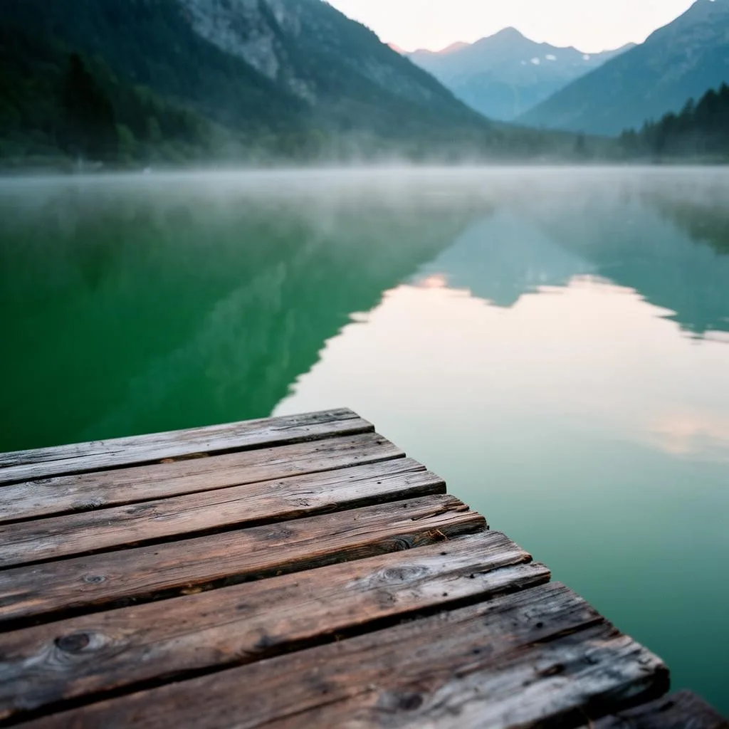 Editorial detail of weathered cedar dock planks meeting still emerald alpine lake water at dawn with light morning mist.
