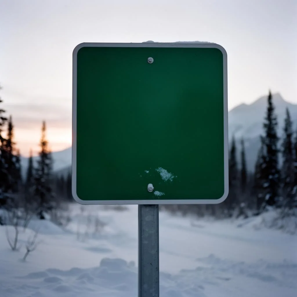 Frosted unbranded green metal road sign post on the Icefields Parkway at first light, distant pine and snowline.