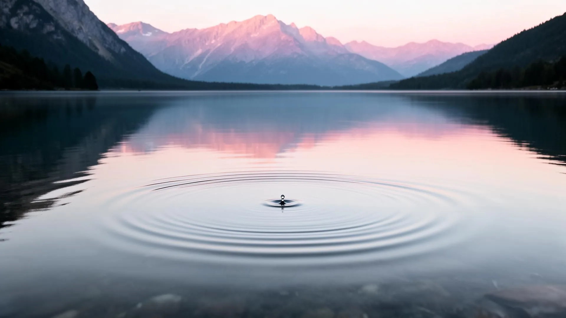 Glass-still alpine lake at first light with concentric ripples and pastel mountain reflection.