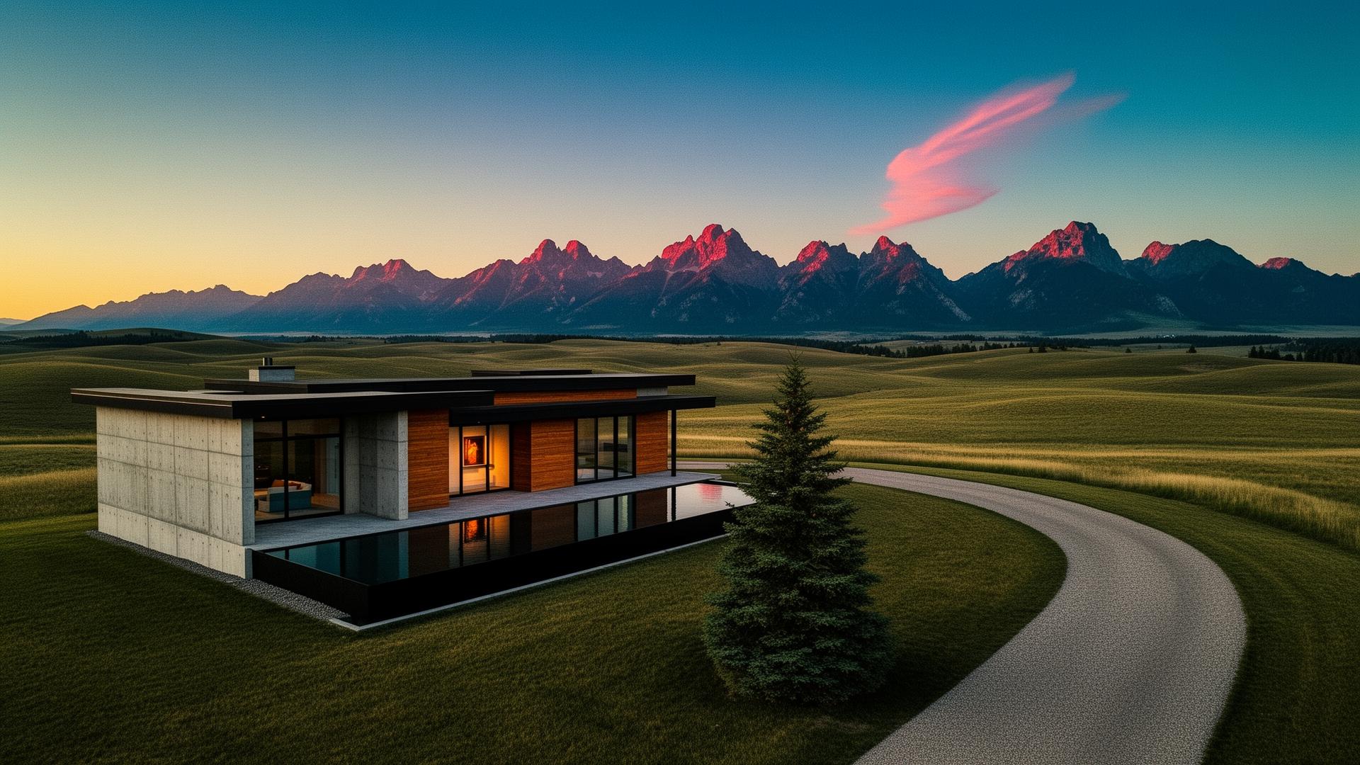 Aerial view of a modern luxury estate on a Springbank acreage at last light, Canadian Rockies on the horizon