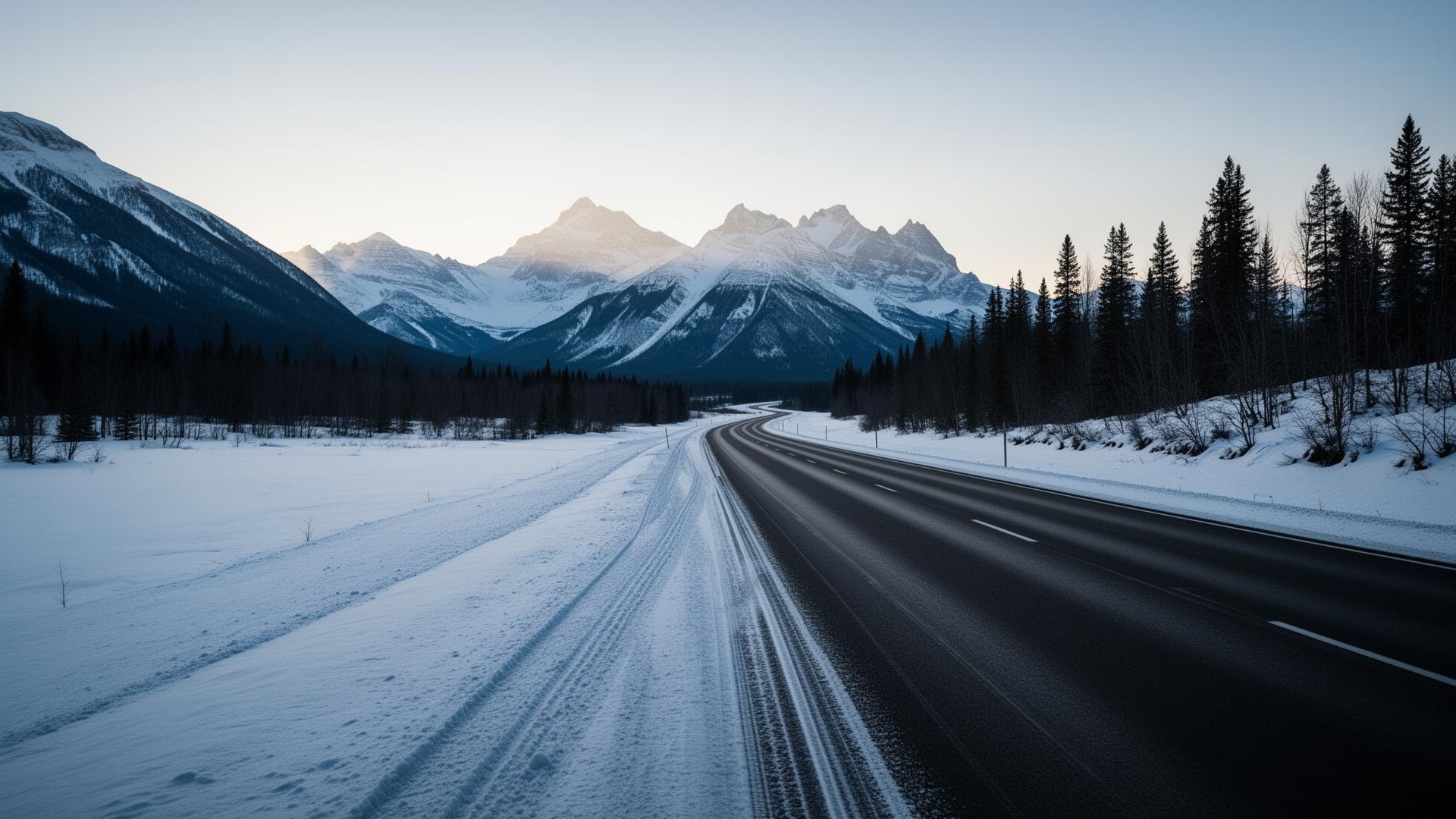 Empty Icefields Parkway shoulder before sunrise, fresh tire tracks in light snow curving toward the Canadian Rockies