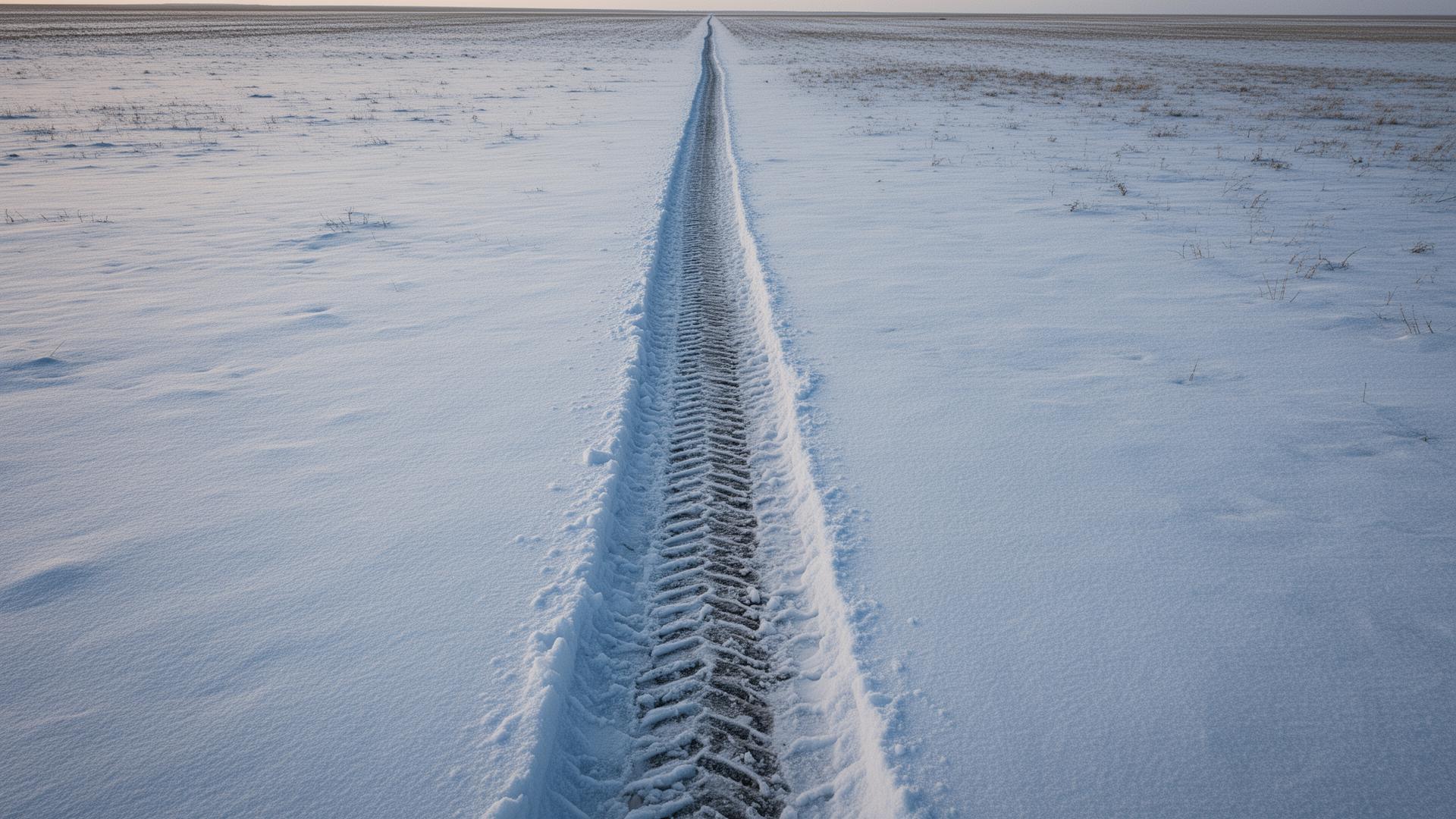 Top-down photograph of a single tire-track seam pressed into fresh snow over hard prairie ground at first light