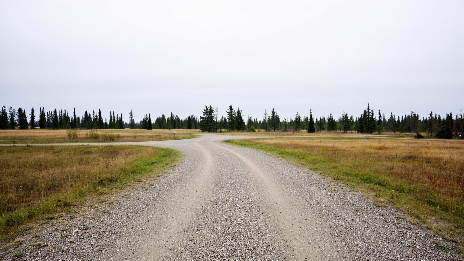 Generic ground-level real-estate frame of an Alberta acreage driveway under flat overcast light